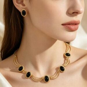 Vintage Matte Gold Black Onyx Choker and Stud Earrings Set