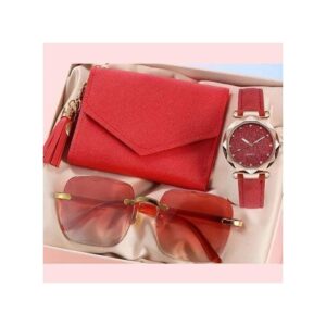 3 Piece Women's Red Gift Set: Wrist Watch, Wallet and Sunglasses
