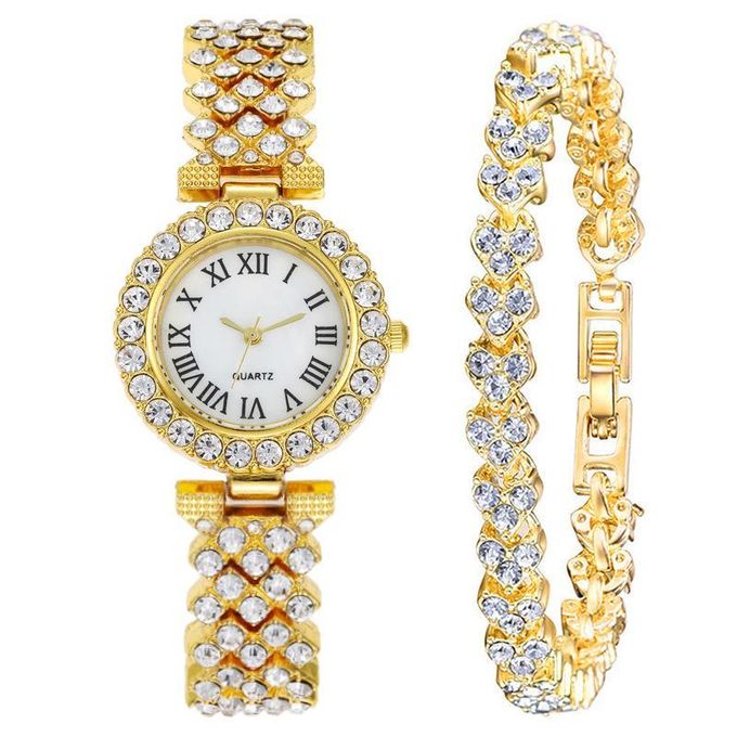 Gold Alloy Women's 2 in 1 Quartz Watch and Bracelet Set, Roman Numerals