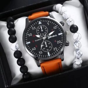 3 Piece Men's Rice Brown Quartz Watch and Bracelet Gift Set
