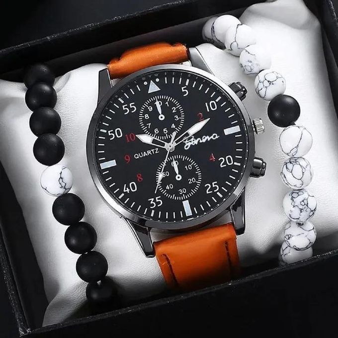 3 Piece Men's Rice Brown Quartz Watch and Bracelet Gift Set
