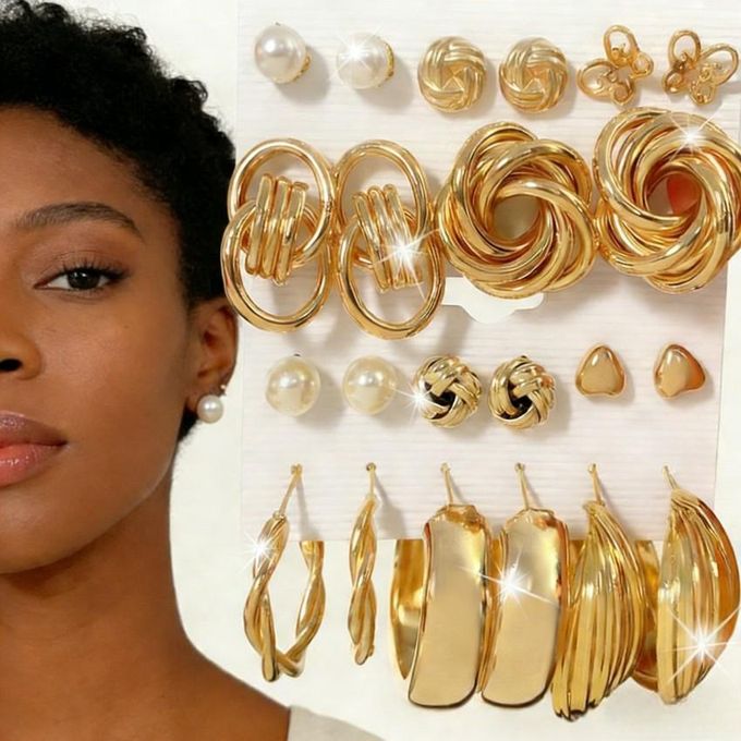 11 Pairs Gold Earrings Set with Hoops, Studs and Pearls