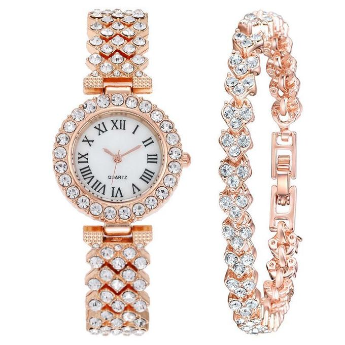 Rose Gold Alloy Women's 2 in 1 Quartz Watch and Bracelet Set