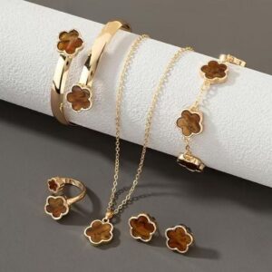 Lucky Flower Acrylic Jewelry Set, 5 Pieces, Coffee