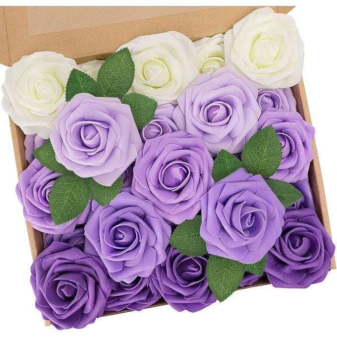 25 Piece Artificial Rose Bouquet with Stems, Purple Series