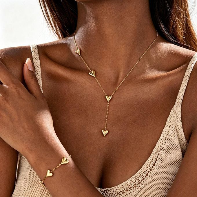 Tarnish Free Stainless Steel Necklace and Bracelet Set, Gold