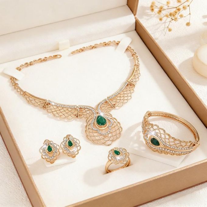 4 Piece Gold Plated Green Crystal Jewelry Set